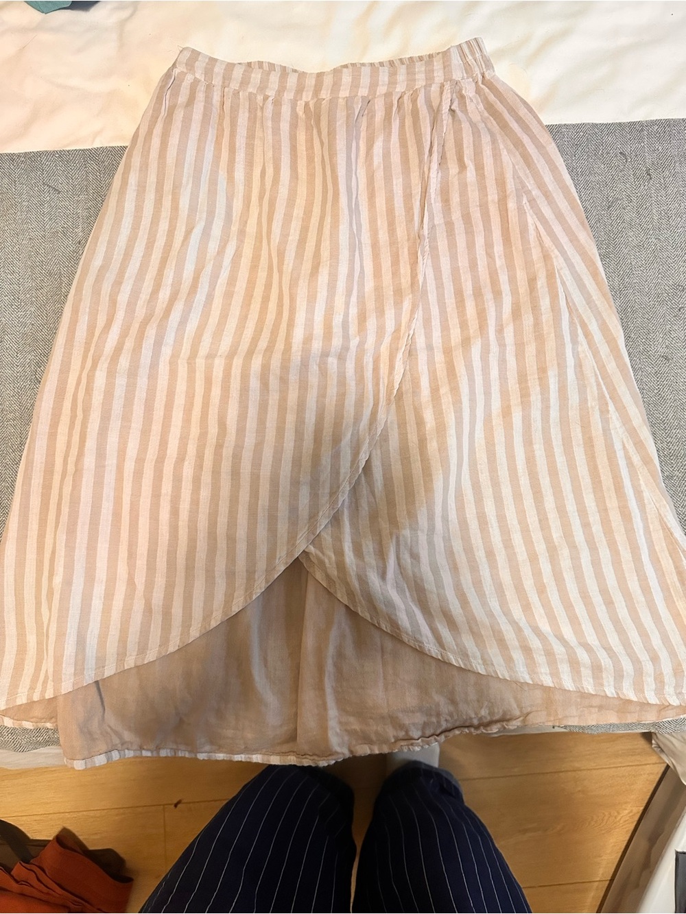Pact Beige and White Striped High-Low Wrap Skirt
